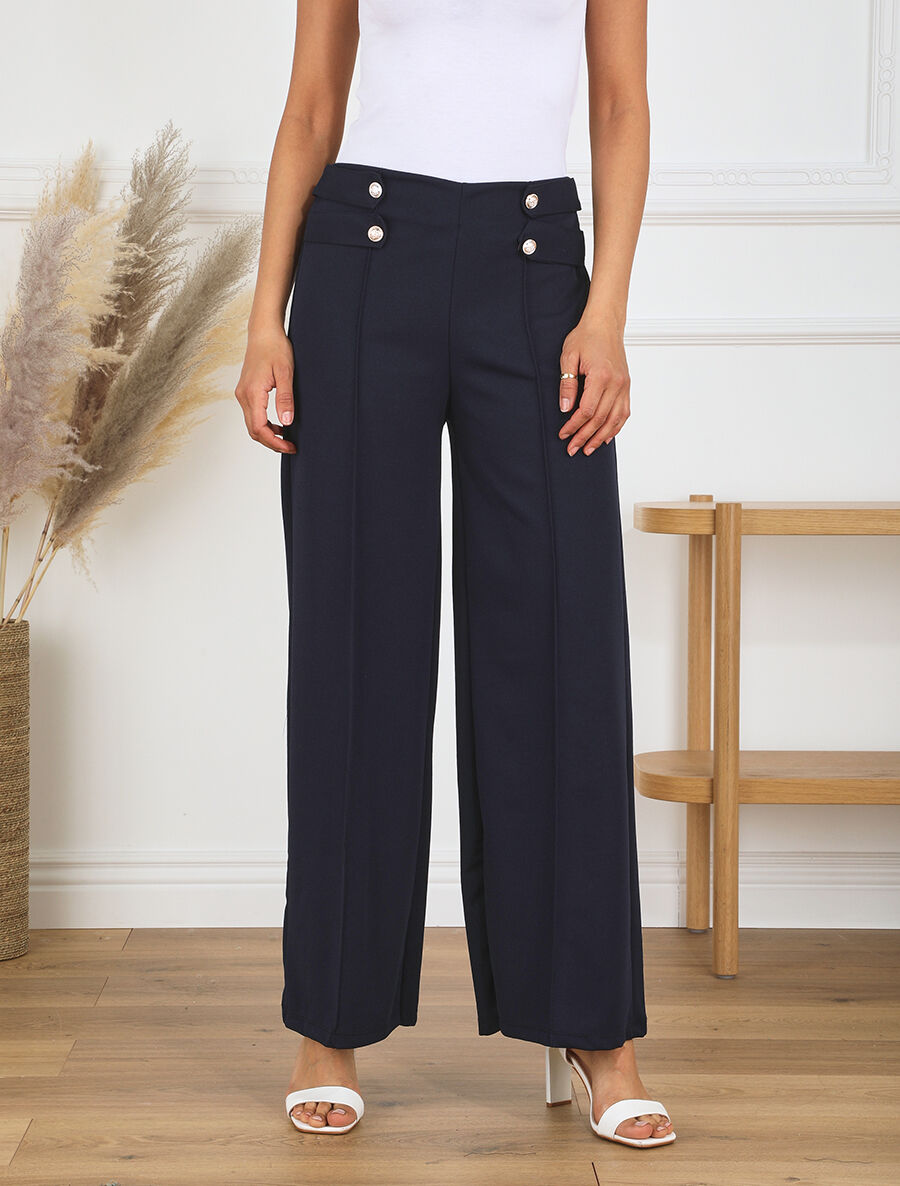 Pantalon fluide uni à boutons décoratifs - Marine - 4