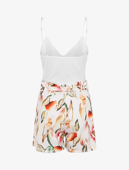 Combishort imprimé floral ceinturée - Blanc - 2