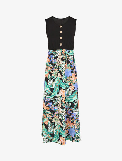 Robe longue fleurie et évasée sans manches - Noir - 5