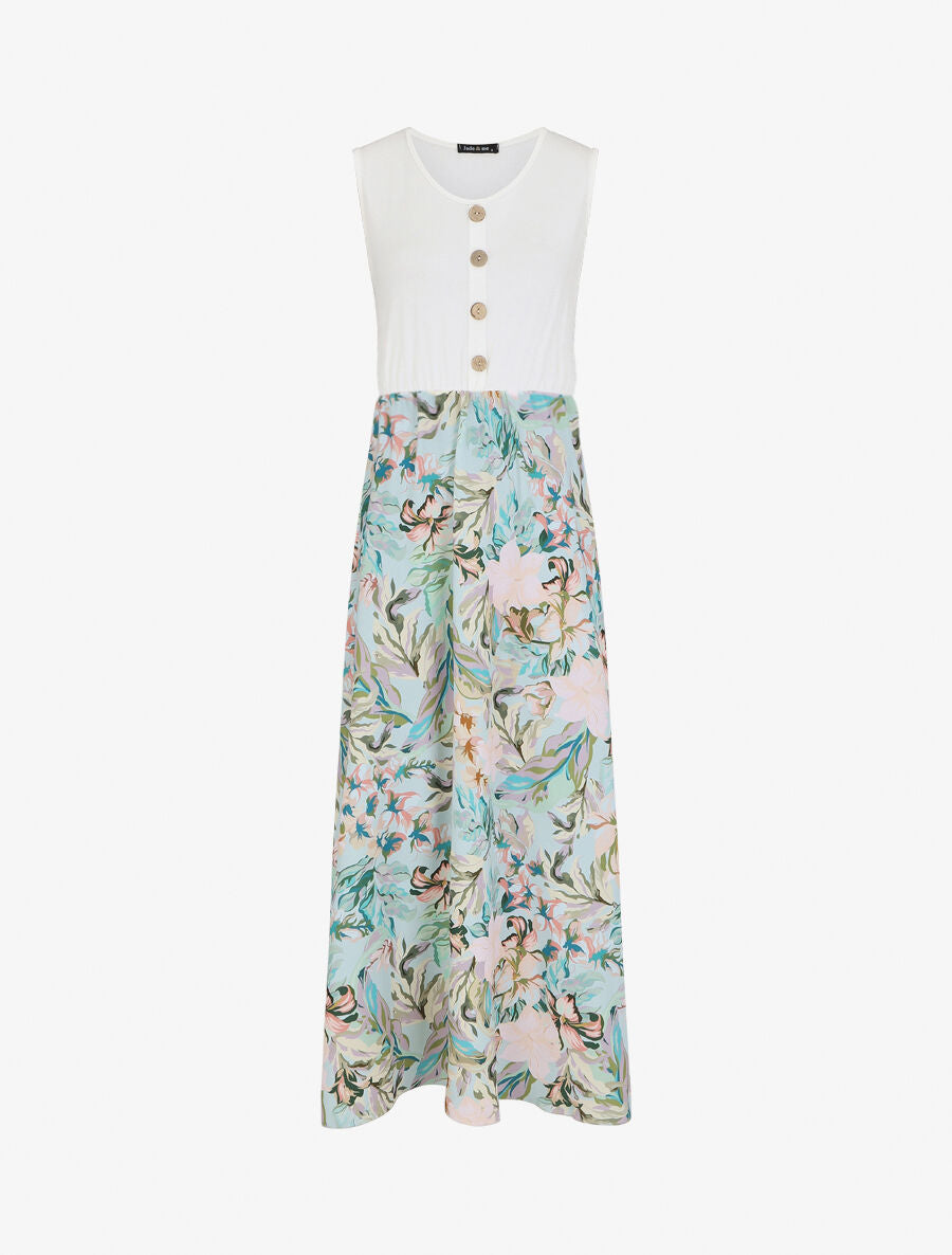 Robe longue fleurie et évasée sans manches - Blanc - 5