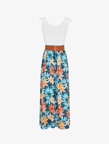 Robe longue évasée sans manches imprimé fleurs de lys - Bleu canard - 2