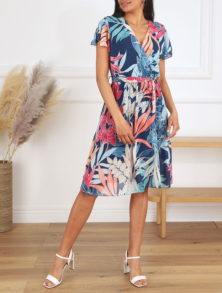 Robe en voile élastiquée à imprimé feuilles - Marine - 4