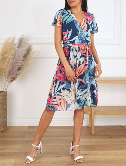 Robe en voile élastiquée à imprimé feuilles - Marine - 4