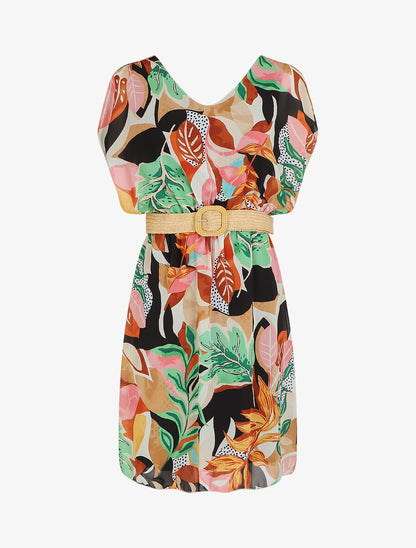Robe en voile élastiquée à imprimé fantaisie - Noir - 1