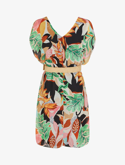 Robe en voile élastiquée à imprimé fantaisie - Noir - 2
