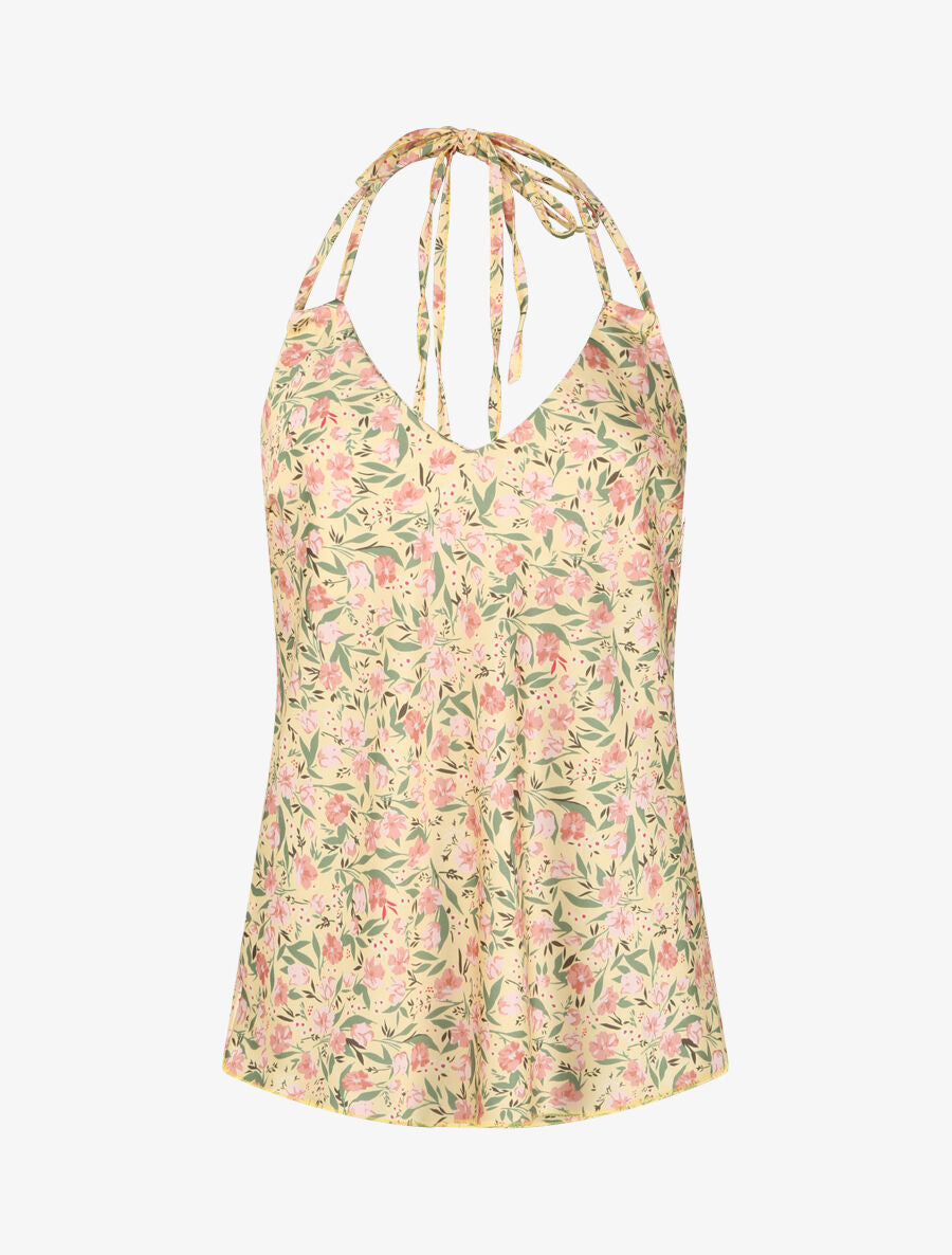 Top satiné à dos nu et imprimé tulipes - Jaune pâle - 1