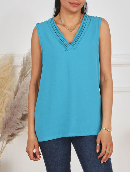 Top droit sans manches col V - Bleu turquoise - 4