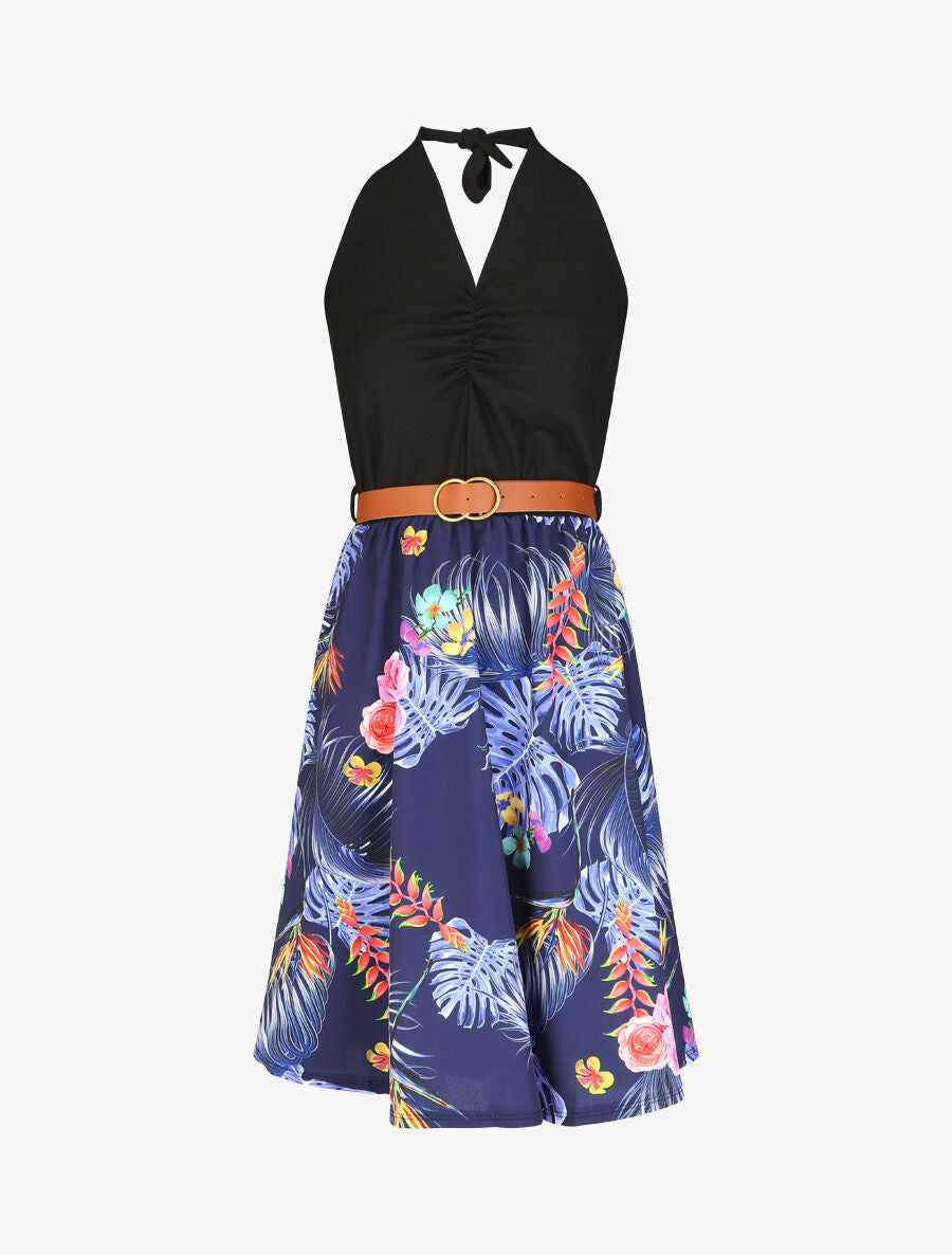 Robe mi-longue tropicale à dos nu - Marine - 1