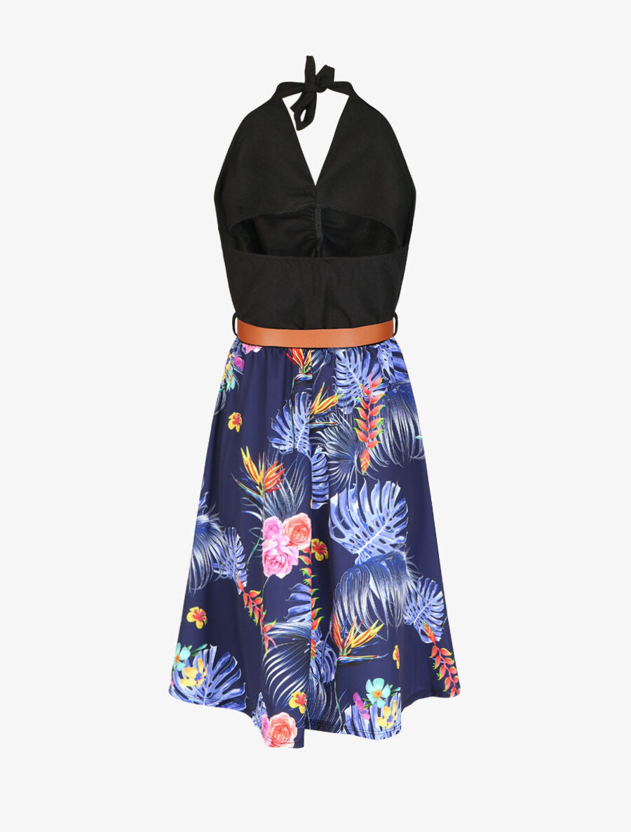 Robe mi-longue tropicale à dos nu - Marine - 2