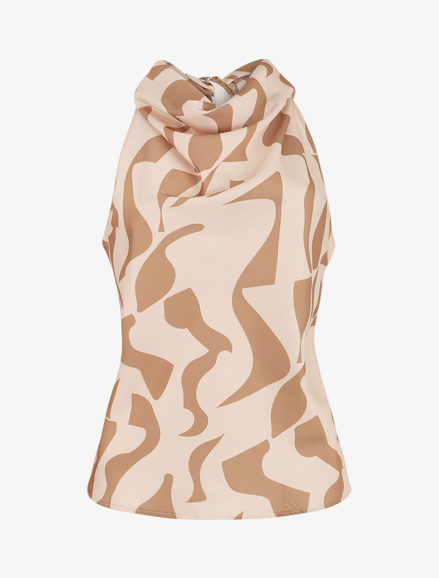 Top satiné sans manches imprimé graphique - Beige - 1
