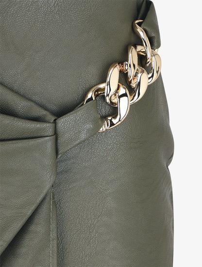 Jupe style portefeuille mi-longue en simili - Kaki - 3