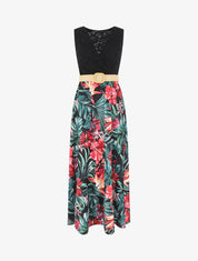 Robe longue bicolore imprimé fleurs tropicales - Noir - 1