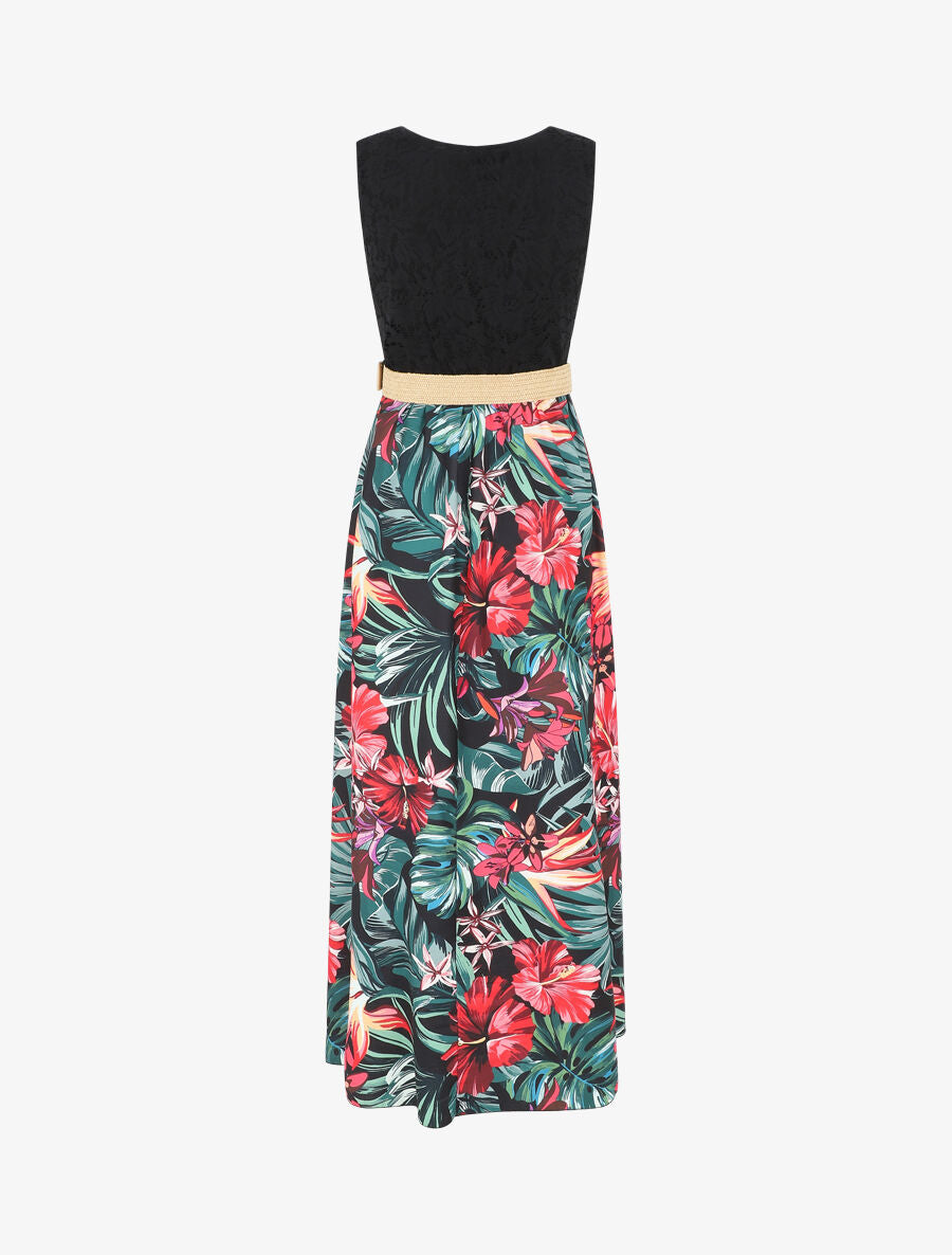 Robe longue bicolore imprimé fleurs tropicales - Noir - 2
