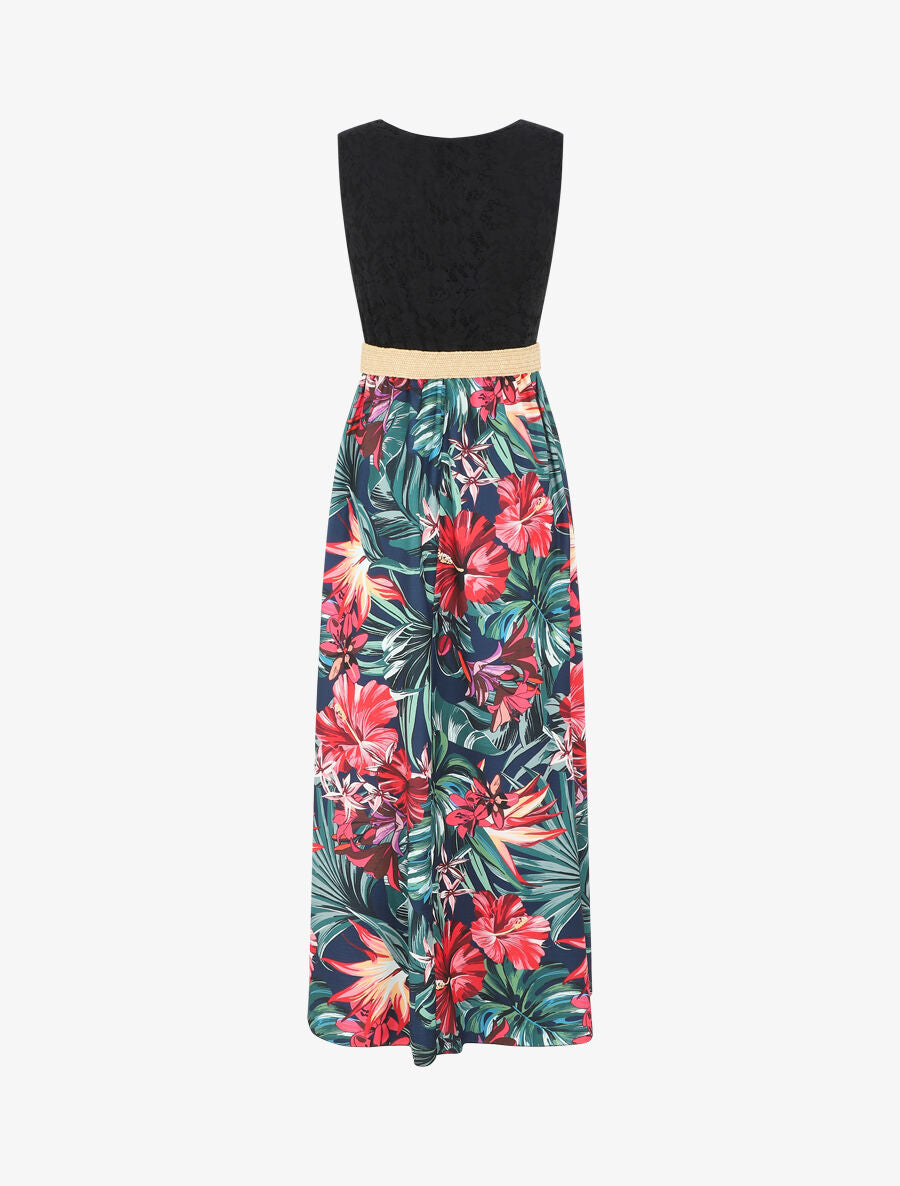 Robe longue bicolore imprimé fleurs tropicales - Marine - 2