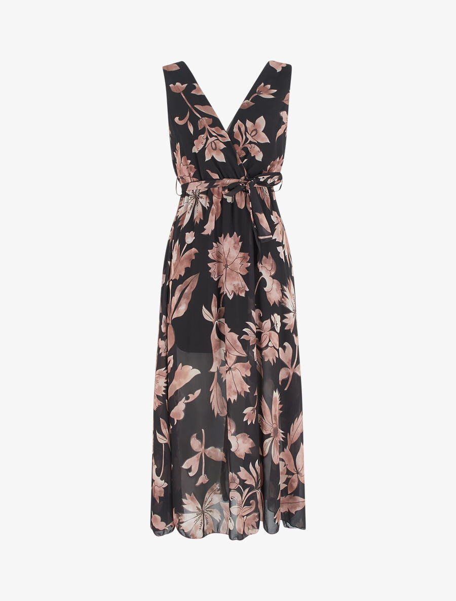 Robe imprimé fleurs et dos en V - Noir - 1