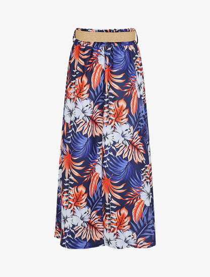 Jupe longue taille haute imprimé tropical - Marine - 2