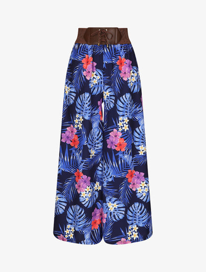 Pantalon ample motif fleurs tropicales - Marine - 1
