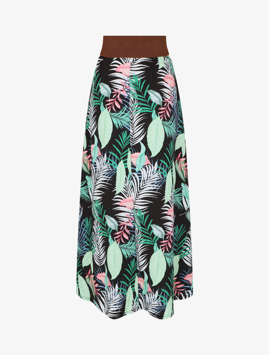 Jupe longue taille haute imprimé feuilles tropicales - Noir - 2