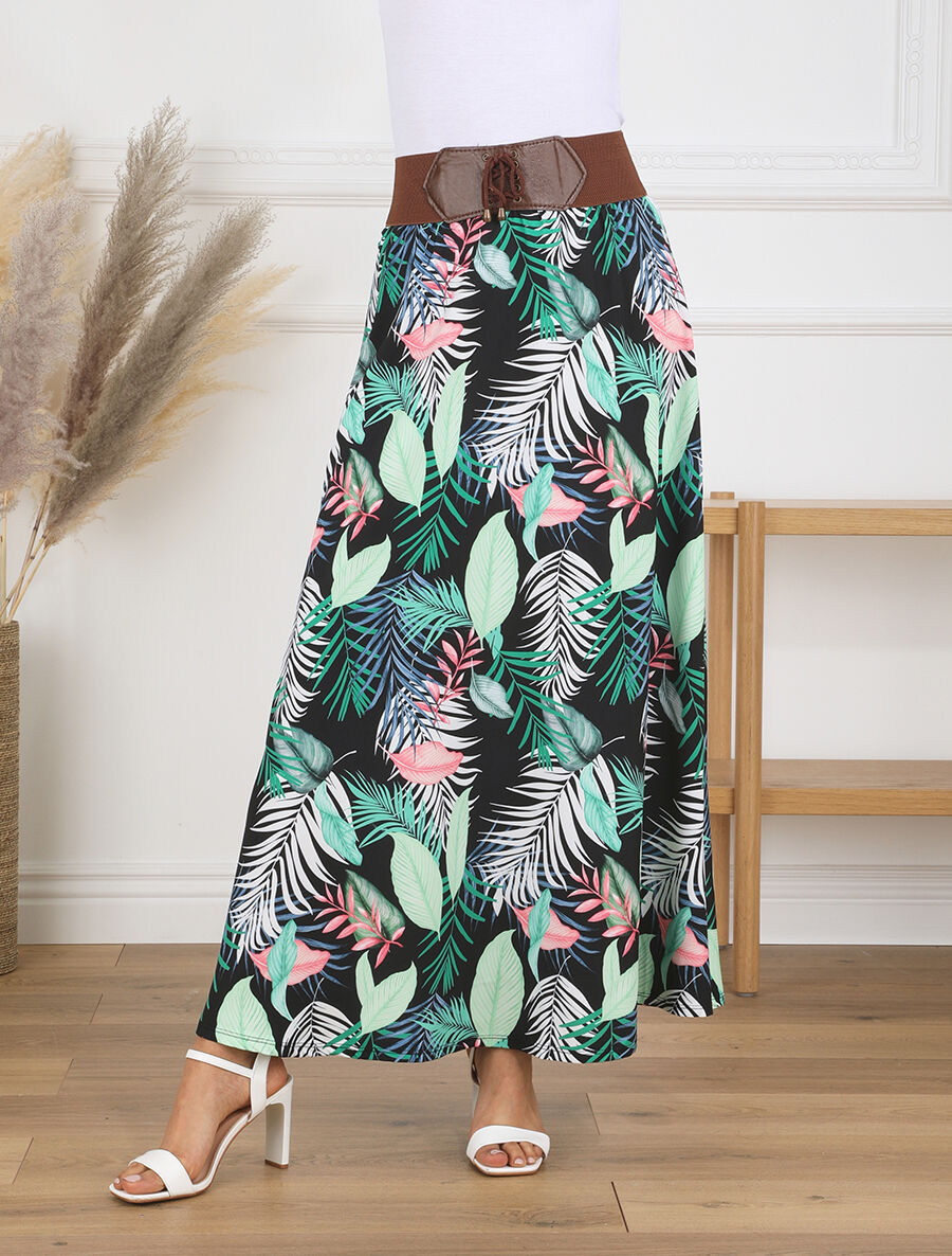 Jupe longue taille haute imprimé feuilles tropicales - Noir - 4