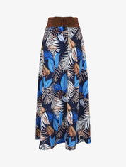 Jupe longue taille haute imprimé feuilles tropicales - Marine - 1