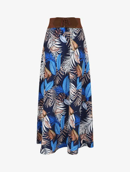 Jupe longue taille haute imprimé feuilles tropicales - Marine - 1