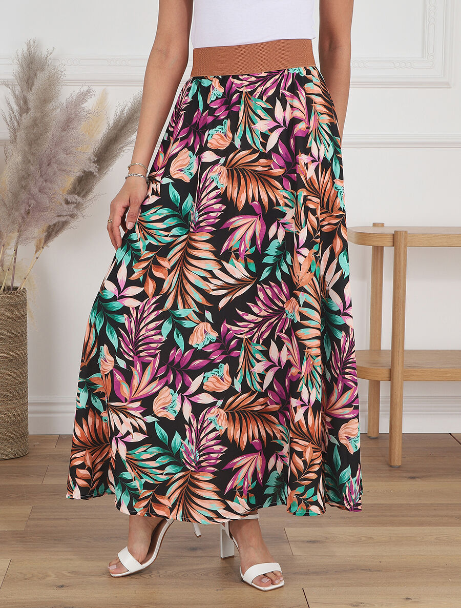 Jupe à taille haute style corset imprimé tropical - Noir - 4