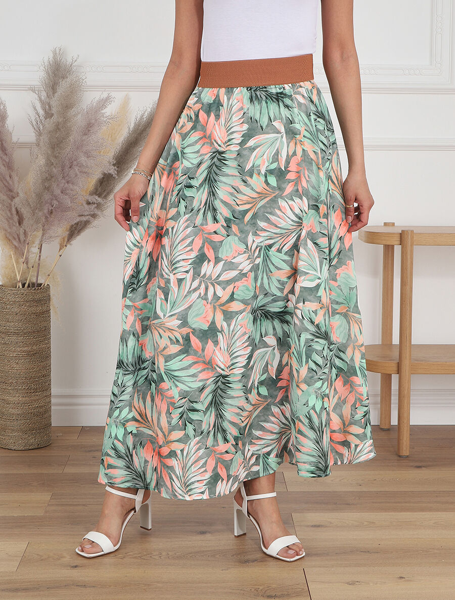 Jupe à taille haute style corset imprimé tropical - Kaki - 4