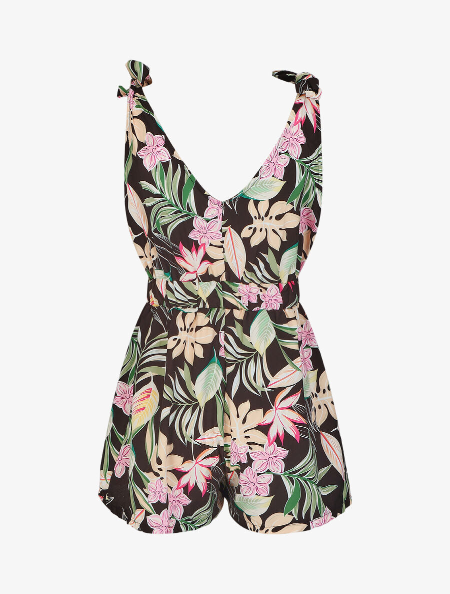 Combishort imprimé fleurs à taille élastiquée - Noir - 2