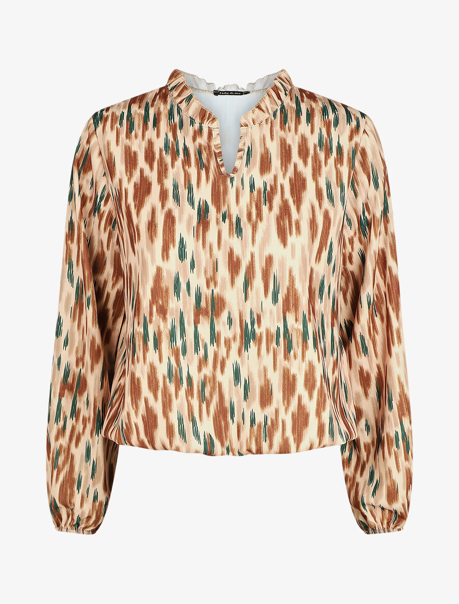 Top col volanté imprimé abstrait - Beige foncé - 1
