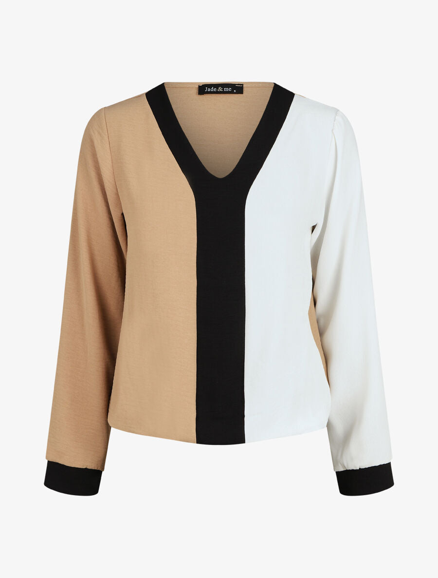 Blouse droite manches longues col V - Blanc/camel - 1