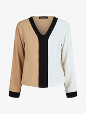 Blouse droite manches longues col V - Blanc/camel - 1