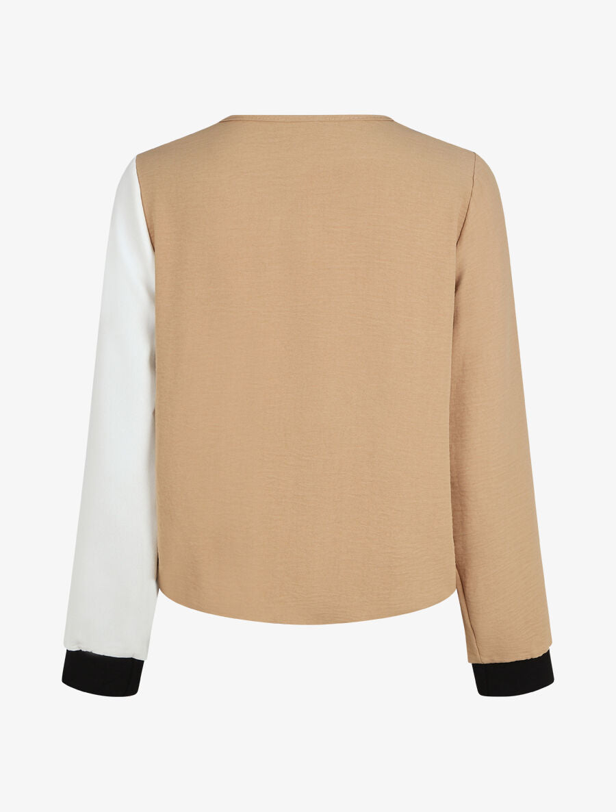 Blouse droite manches longues col V - Blanc/camel - 2