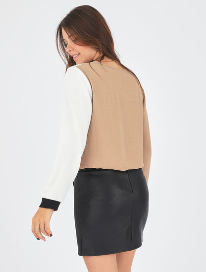 Blouse droite manches longues col V - Blanc/camel - 5