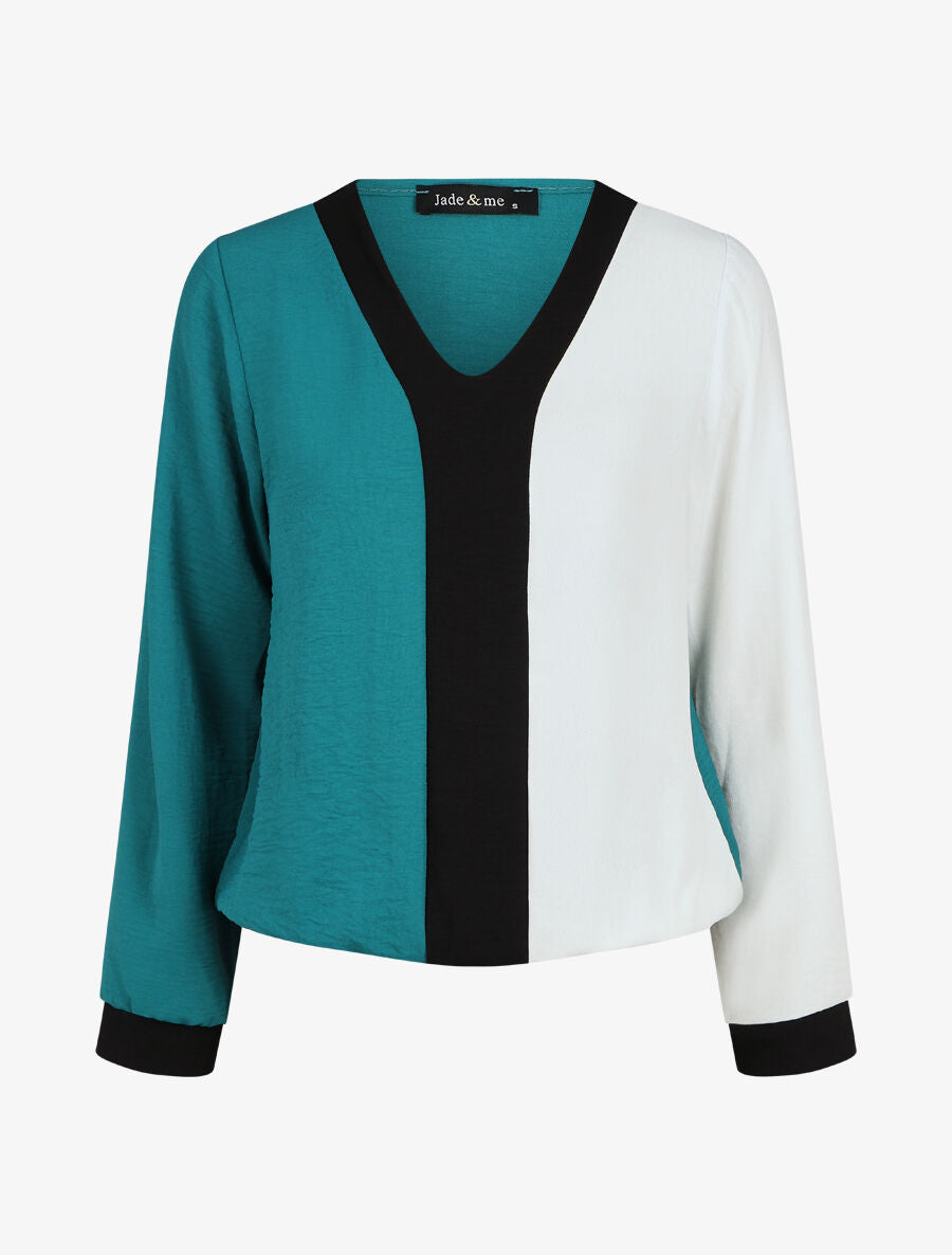 Blouse droite manches longues col V - Blanc/bleu canard - 6