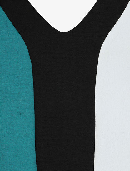 Blouse droite manches longues col V - Blanc/bleu canard - 3