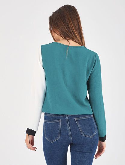 Blouse droite manches longues col V - Blanc/bleu canard - 5