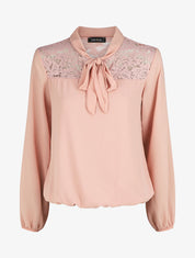 Top droit à dentelle et col lavallière - Rose - 1