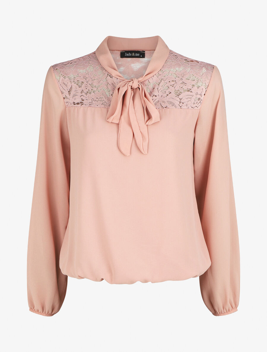 Top droit à dentelle et col lavallière - Rose - 1