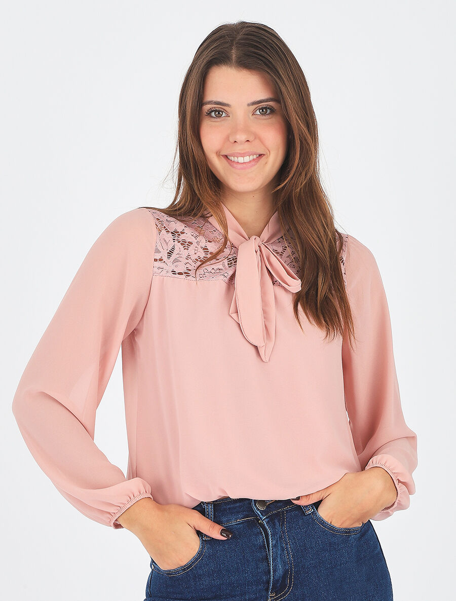 Top droit à dentelle et col lavallière - Rose - 4