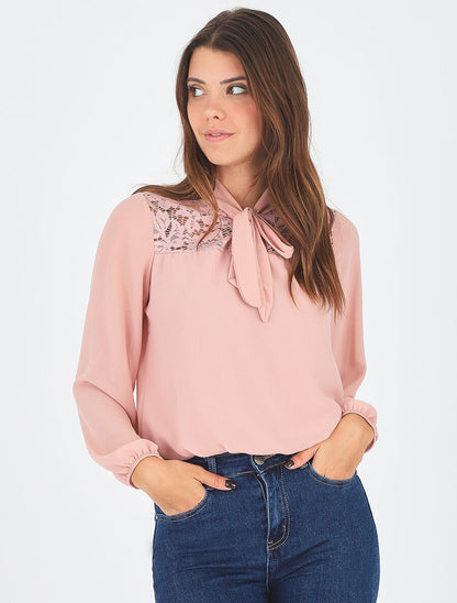 Top droit à dentelle et col lavallière - Rose - 5