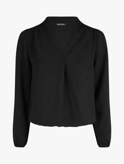 Blouse droite unie à manches longues et col V - Noir - 1