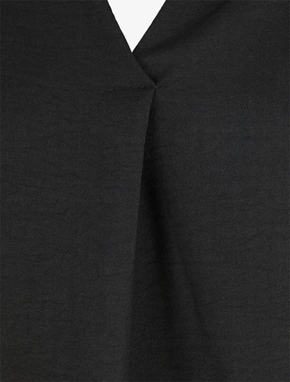 Blouse droite unie à manches longues et col V - Noir - 3