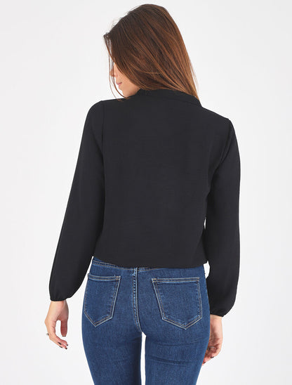 Blouse droite unie à manches longues et col V - Noir - 5