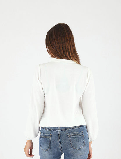 Blouse droite unie à manches longues et col V - Blanc - 5