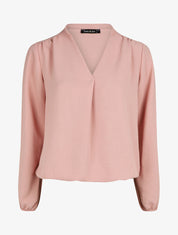 Blouse droite unie à manches longues et col V - Rose - 1