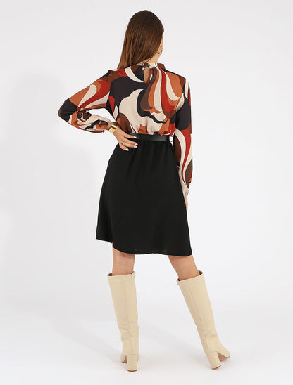 Robe évasée manches longues imprimé graphique - Noir/marron - 5