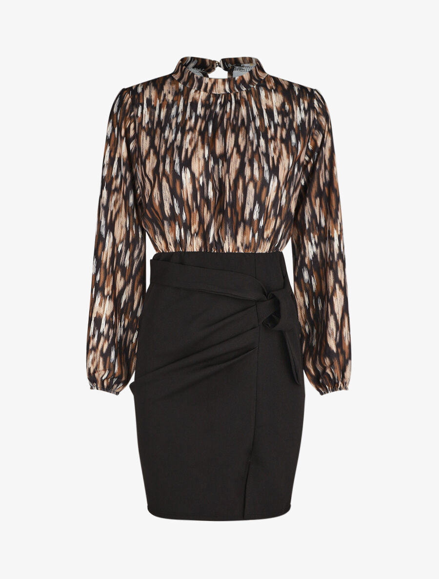 Robe courte ajustée à noeud et imprimé abstrait - Noir - 1