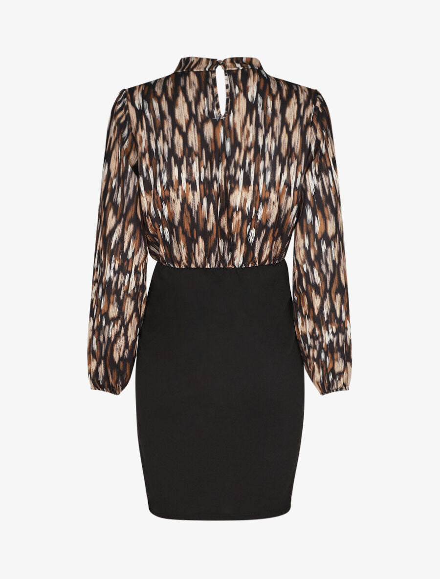 Robe courte ajustée à noeud et imprimé abstrait - Noir - 2
