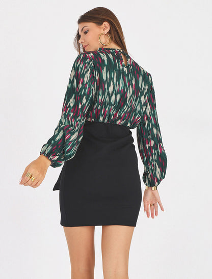 Robe courte ajustée à noeud et imprimé abstrait - Vert - 5