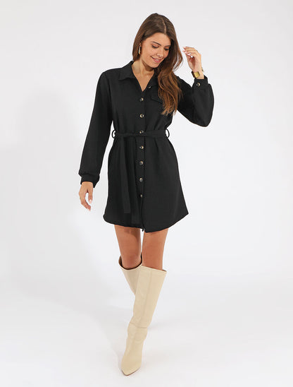 Robe chemise courte manches longues - Noir - 4